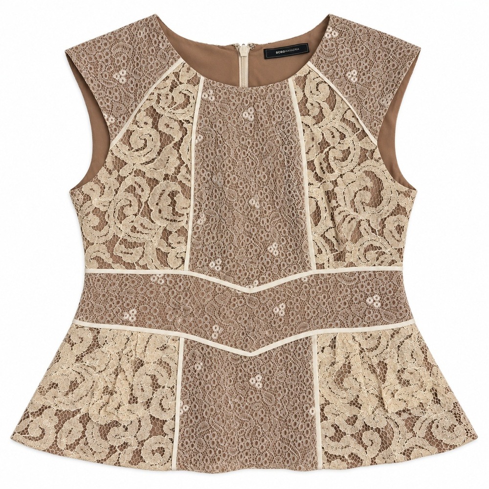BCBGMAXAZRIA Lace Patchwork Peplum Top Beige Cream S Whimsigoth Romantic